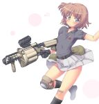  1girl bandaid bandaid_on_knee belt black_gloves breasts brown_hair gloves grenade_launcher grey_eyes hair_bobbles hair_ornament hase_yu knee_pads miniskirt one_side_up original pleated_skirt polo_shirt pouch single_knee_pad skirt small_breasts solo trigger_discipline weapon 