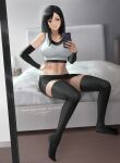  1girl bed bedroom black_hair black_legwear black_skirt breasts cellphone closed_mouth crop_top earrings elbow_sleeve final_fantasy final_fantasy_vii full_body hand_on_hip highres holding holding_phone jewelry large_breasts light_smile lips long_hair looking_at_phone midriff mirror navel nhaliz no_shoes on_bed phone red_eyes reflection selfie signature sitting skirt smartphone solo stomach straight_hair tank_top thigh-highs thighs tifa_lockhart twitter_username white_tank_top zettai_ryouiki 
