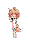 1girl animal_ears bangs blonde_hair blush bow breasts chibi closed_eyes closed_mouth dairi eyebrows_visible_through_hair fox_ears fox_tail full_body green_bow hair_between_eyes hand_up heart jumpsuit kudamaki_tsukasa pink_heart short_hair short_sleeves simple_background small_breasts smile socks solo standing tachi-e tail test_tube touhou white_background white_jumpsuit white_legwear white_sleeves 