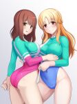  2girls alfort_(may0508) ass blonde_hair blush breasts brown_eyes brown_hair closed_mouth commentary_request covered_navel eyebrows_visible_through_hair girlfriend_(kari) gradient gradient_background grey_background gymnastics highres large_breasts leotard long_hair looking_at_viewer multiple_girls open_mouth rhythmic_gymnastics sasahara_nonoka shiina_kokomi smile standing thighs 