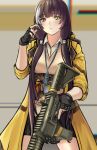  1girl 3_small_spiders black_gloves black_skirt blush breasts brown_hair brown_vest closed_mouth eyebrows_visible_through_hair feet_out_of_frame fingerless_gloves girls_frontline gloves gun hair_ornament hairclip hand_up headphones heterochromia highres holding holding_gun holding_weapon jacket long_hair looking_at_viewer multicolored_hair open_clothes open_jacket red_eyes ro635 ro635_(girls&#039;_frontline) shirt simple_background skirt solo standing vest weapon white_shirt yellow_eyes yellow_jacket 