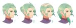  1boy alternate_hairstyle closed_mouth commentary_request covered_collarbone eyelashes green_eyes green_hair jaho male_focus multiple_views pokemon pokemon_(game) pokemon_oras purple_shirt shiny shiny_hair shirt short_hair smile upper_body wallace_(pokemon) white_background 
