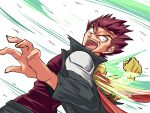  1boy absurdres brown_hair cougar_(cougar1404) gloves highres kazuma_(scryed) looking_at_viewer male_focus open_mouth power_fist redhead scryed shirt simple_background solo spiky_hair white_background 