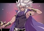  1boy armlet bangs belt big_hair black_belt cape commentary_request dark-skinned_male dark_skin hand_up jewelry looking_at_viewer male_focus millennium_rod open_mouth pants purple_cape shirt sleeveless sleeveless_shirt smile solo spiky_hair teeth tongue tongue_out upper_teeth veins white_hair yami_marik yazakc yu-gi-oh! yu-gi-oh!_duel_monsters 