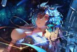 1girl artist_name bangs bare_shoulders blue_hair breasts character_name cloud9 constellation diffraction_spikes diyokama dragon_horns dutch_angle fur_trim hair_between_eyes hair_horns hair_ornament horns jacket large_breasts long_hair looking_at_viewer multicolored_hair night night_sky off_shoulder open_mouth red_eyes shooting_star sky solo sparkle star_(sky) starry_sky symbol-only_commentary twitch.tv upper_body vienna_(vtuber) virtual_youtuber 