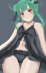 1girl alternate_hairstyle bare_arms bare_shoulders black_chemise black_panties chemise closed_mouth collarbone double_bun fang fang_out flat_chest front_slit green_hair hair_ornament hair_ribbon highres hololive lace-trimmed_chemise lace-trimmed_panties lace_trim lingerie mashiro_chun medium_hair navel panties red_eyes ribbon sidelocks skin_fang skull_hair_ornament smile solo underwear underwear_only uruha_rushia virtual_youtuber 