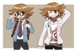  1boy arm_behind_head arm_up arrow_(symbol) backpack bag bangs belt bespectacled black-framed_eyewear black_pants blue_neckwear brown_background brown_hair chain_necklace commentary_request cosplay cropped_legs danganronpa:_trigger_happy_havoc danganronpa_(series) fujisaki_chihiro furukawa_(yomawari) glasses grey_jacket grin hand_up highres jacket kuwata_leon kuwata_leon_(cosplay) male_focus medium_hair multiple_views necktie one_eye_closed open_clothes open_jacket open_mouth pants red_neckwear shiny shiny_hair shirt shirt_tucked_in skull_print smile teeth white_background white_shirt yamada_hifumi yamada_hifumi_(cosplay) 