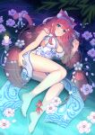  1girl animal_ears bare_legs barefoot blue_eyes breasts brown_hair candle cat_ears character_request china_dress chinese_clothes dress fish flower full_body goldfish highres ken-san looking_at_viewer lying medium_breasts on_side shallow_water side_slit solo virtual_youtuber water white_dress 