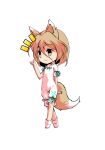  1girl animal_ears bangs black_eyes blonde_hair bow breasts brown_eyes chibi closed_mouth dairi eyebrows_visible_through_hair fox_ears fox_tail full_body green_bow hair_between_eyes hand_up jumpsuit kudamaki_tsukasa looking_to_the_side short_hair short_sleeves simple_background small_breasts smile socks solo standing tachi-e tail test_tube touhou white_background white_jumpsuit white_legwear white_sleeves 