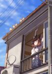  1girl air_conditioner animal_ears arm_up bird blouse brown_hair closed_eyes clouds commentary_request denim denim_shorts highres holding_own_arm horse_ears horse_girl horse_tail navel nice_nature_(umamusume) open_window power_lines red_shirt satellite_dish satomura_kyou shirt short_twintails shorts smile solo sparrow standing stretch tail twintails umamusume window 