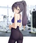  1girl absurdres alternate_costume alternate_hairstyle ass asymmetrical_bangs bangs black_hair blurry blurry_background breasts cowboy_shot from_behind genshin_impact green_eyes gym hair_ornament highres looking_at_viewer looking_back mona_(genshin_impact) pants ponytail solo sports_bra sportswear star_(symbol) star_hair_ornament steeb symbol-only_commentary yoga_pants 