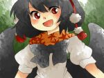  1girl bird_wings black_hair bow bowtie forest hammer_(sunset_beach) hat nature puffy_short_sleeves puffy_sleeves red_eyes scarf shameimaru_aya short_sleeves smile touhou tree wings 