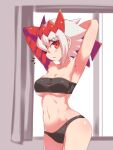  1girl bare_shoulders black_panties breasts cougar_(cougar1404) dragon:_marked_for_death empress_(dmfd) hair_ornament navel panties red_eyes scar scar_on_face short_hair solo strapless tube_top underwear white_hair window 