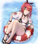  1girl 3_small_spiders absurdres bangs bare_legs bikini black_bikini black_choker black_swimsuit blush bracelet breasts candy choker closed_mouth commentary_request eyebrows_visible_through_hair food girls_frontline hair_ornament hair_ribbon highres jewelry legs lifebuoy lollipop long_hair looking_at_viewer lying medallion mp7_(girls&#039;_frontline) necklace orange_eyes redhead ribbon sandals sitting small_breasts solo swimsuit thighs water 