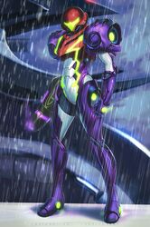  1girl arm_cannon armor full_armor gravity_suit helmet hybridmink looking_at_viewer metroid metroid_dread power_armor power_suit rain samus_aran science_fiction simple_background solo standing visor weapon 