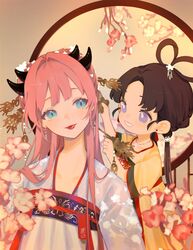  2girls atelier_live blue_eyes branch bright_pupils brown_hair chinese_clothes dragon_girl dragon_horns earrings english_commentary flower hair_rings hanfu head_tilt horns indie_virtual_youtuber jewelry kuzuryu_io lipstick makeup multiple_girls pink_flower red_lips smile violet_eyes virtual_youtuber white_pupils xiaociiao xiaociiao_(vtuber) younger 