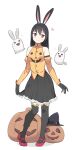  1girl animal_ears bangs bare_shoulders black_gloves black_hair black_legwear black_skirt breasts covered_collarbone detached_sleeves frilled_skirt frills full_body ghost gloves hair_between_eyes hair_ornament hairclip halloween heart highres jack-o&#039;-lantern long_hair looking_at_viewer original pleated_skirt rabbit_ears rabbit_girl red_eyes red_footwear saiste shirt shoes simple_background skirt skirt_hold small_breasts smile solo standing thigh-highs white_background yellow_shirt 