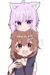  2girls \||/ ahoge animal_ears blush cat_girl commentary dog_ears dog_girl dog_hair_ornament extra_ears hair_ornament hairclip hololive hug hug_from_behind inugami_korone looking_at_another multiple_girls nekomata_okayu purple_hair rabiiandrain virtual_youtuber 