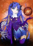  1girl black_ribbon blue_bodysuit blue_eyes blue_hair bodysuit chaesu cloak facial_mark fate/grand_order fate_(series) forehead_mark fur-trimmed_cloak fur_trim hair_ribbon highres ishtar_(fate) light_blue_hair long_hair looking_at_viewer multicolored_hair purple_bodysuit purple_cloak ribbon ringed_eyes solo space_ishtar_(fate) spikes star-shaped_pupils star_(symbol) symbol-shaped_pupils tiara two-tone_hair very_long_hair 