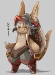  1other animal_ears ears_through_headwear full_body furry helmet karukan_(monjya) long_hair made_in_abyss nanachi_(made_in_abyss) open_mouth simple_background smile solo tail whiskers white_hair yellow_eyes 