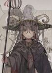  1girl glasses grey_hair hat horns looking_back nyannsaka original robe solo_focus staff white_hair witch witch_hat 