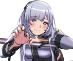  1girl 3_small_spiders ak-12_(girls&#039;_frontline) blush breasts closed_mouth eyebrows_visible_through_hair girls_frontline hand_up highres leaning_forward long_hair looking_at_viewer medium_breasts silver_hair smile solo tactical_clothes uniform upper_body violet_eyes white_background 
