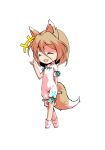  1girl animal_ears bangs blonde_hair bow breasts chibi closed_eyes dairi eyebrows_visible_through_hair fox_ears fox_tail full_body green_bow hair_between_eyes hand_up jumpsuit kudamaki_tsukasa open_mouth short_hair short_sleeves simple_background small_breasts smile socks solo standing tachi-e tail test_tube touhou white_background white_jumpsuit white_legwear white_sleeves 