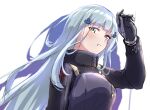  1girl 3_small_spiders :o bangs black_gloves blue_hair blush breasts crossed_bangs eyebrows_visible_through_hair from_above girls_frontline gloves green_eyes hand_up hk416_(girls&#039;_frontline) long_hair looking_at_viewer medium_breasts open_mouth shadow solo_focus tactical_clothes teardrop_facial_mark teardrop_tattoo uniform upper_body white_background 