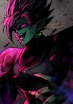  1boy colored_skin dragon_ball dragon_ball_super earrings fangs fused_zamasu glowing glowing_eyes green_skin highres hydeover9000 jewelry male_focus open_mouth pointy_ears potara_earrings smile solo twitter_username veins 