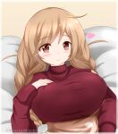  1girl apron bangs beige_background blush braid breasts brown_eyes closed_mouth eyebrows_visible_through_hair hand_on_own_chest heart highres kantai_collection kisaragi_mizuto large_breasts light_brown_hair long_hair long_sleeves looking_at_viewer lying minegumo_(kancolle) red_sweater simple_background smile solo sweater swept_bangs turtleneck turtleneck_sweater twin_braids twitter_username upper_body 