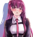  1girl 3_small_spiders :o black_dress blush breasts dress girls_frontline hair_ribbon highres long_hair looking_at_viewer medium_breasts necktie open_mouth purple_hair purple_neckwear purple_ribbon ribbon shadow shirt side_ponytail solo_focus upper_body violet_eyes wa2000_(girls&#039;_frontline) white_background white_shirt 