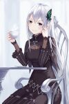 1girl absurdres black_dress butterfly_hair_ornament chair closed_mouth colored_eyelashes cup dress echidna_(re:zero) hair_between_eyes hair_ornament highres holding holding_cup long_hair long_sleeves looking_at_viewer on_chair photoshop_(medium) re:zero_kara_hajimeru_isekai_seikatsu revision sitting smile solo table teacup tooku0 white_hair 