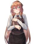  1girl 3_small_spiders absurdres apron blush brown_apron brown_ribbon closed_mouth eyebrows_visible_through_hair feet_out_of_frame girls_frontline green_eyes hair_ribbon highres holding holding_tray long_hair looking_at_viewer neck_ribbon orange_hair ribbon shirt smile solo springfield_(girls&#039;_frontline) standing tray upper_body white_background white_shirt 