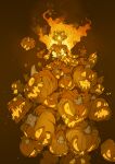  1girl artist_name burning demizu_posuka fiery_hair fire flame glowing gradient gradient_background halloween highres jack-o&#039;-lantern looking_at_viewer magic open_mouth orange_background original pumpkin smoke solo spirit 