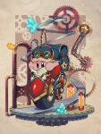  backpack bag blue_eyes blue_headwear clockwork crystal exhaust_pipe gears goggles goggles_on_headwear kirby kirby_(series) light_bulb reading rike_(pixiv) star_(symbol) steampunk wheelie_(kirby) 