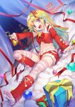  1girl 2019 artist_name bangs bed_sheet bell blonde_hair bow camisole christmas christmas_tree colored_inner_hair commentary_request detached_sleeves dutch_angle english_text fur-trimmed_shorts fur-trimmed_sleeves fur_trim gift green_hair hair_ornament highres holding indoors knee_up leaning_back leg_warmers looking_at_viewer midriff mitake_eil multicolored_hair nail_polish navel night on_bed open_mouth original partial_commentary pink_legwear red_bow red_legwear red_ribbon red_shirt red_sleeves ribbon santa_costume shirt short_shorts shorts signature sitting smile solo star_(symbol) star_hair_ornament striped striped_legwear thigh-highs tree violet_eyes window 