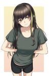  1girl 3_small_spiders absurdres arms_behind_back bangs black_shorts blush breasts brown_eyes brown_hair closed_mouth collarbone eyebrows_visible_through_hair feet_out_of_frame girls_frontline green_shirt headphones highres leaning_forward long_hair looking_at_viewer m4a1_(girls&#039;_frontline) medium_breasts multicolored_hair shirt shorts simple_background solo standing 