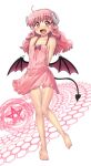  1girl ahoge arms_behind_back barefoot demon_girl demon_horns demon_tail demon_wings dress fang hase_yu hexagon horns low_wings open_mouth original pentagram pink_dress pink_eyes pink_hair pointy_ears short_dress smile solo tail wings 
