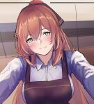  1girl 3_small_spiders apron blush breasts brown_apron brown_ribbon closed_mouth eyebrows_visible_through_hair girls_frontline green_eyes hair_ribbon highres long_hair looking_at_viewer medium_breasts orange_hair ponytail ribbon shirt simple_background smile solo_focus springfield_(girls&#039;_frontline) upper_body white_shirt 