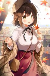  1girl :d autumn_leaves bag bangs beret blush breasts brown_eyes brown_hair brown_headwear collared_shirt commentary_request dress_shirt eyebrows_visible_through_hair fringe_trim gyozanuko hair_between_eyes hat highres holding holding_leaf katou_megumi leaf long_sleeves looking_at_viewer maple_leaf medium_breasts red_skirt saenai_heroine_no_sodatekata shawl shirt shoulder_bag skirt smile solo tilted_headwear white_shirt 