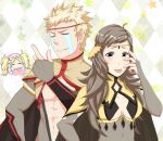  1boy 2girls abs ahoge bangs blonde_hair bodystocking breasts brown_hair circlet father_and_daughter fire_emblem fire_emblem_fates fireworks grey_eyes kaiki_(osuppai) lissa_(fire_emblem) long_hair medium_breasts multiple_girls odin_(fire_emblem) ophelia_(fire_emblem) turtleneck 