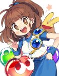  1girl arle_nadja bangs blunt_bangs blush breasts brown_eyes brown_hair carbuncle_(puyopuyo) eyebrows_visible_through_hair iroyopon looking_at_viewer medium_breasts medium_hair open_mouth puyo_(puyopuyo) puyopuyo short_ponytail short_sleeves smile teeth upper_teeth 