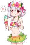  1girl :q bare_arms bare_shoulders bikini bikini_skirt blush bracelet brown_eyes child commentary cowboy_shot earrings eyebrows_visible_through_hair fate/grand_order fate_(series) flower_earrings food green_bikini hair_ribbon halter_top halterneck head_wreath ice_cream ice_cream_cone jewelry kama_(fate) kama_(swimsuit_avenger)_(fate) looking_at_viewer navel rabiiandrain red_ribbon ribbon short_hair silver_hair solo swimsuit tongue tongue_out triple_scoop 