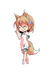  1girl animal_ears bangs blonde_hair bow breasts chibi closed_eyes crying dairi eyebrows_visible_through_hair fox_ears fox_tail full_body green_bow hair_between_eyes hand_up jumpsuit kudamaki_tsukasa open_mouth short_hair short_sleeves simple_background small_breasts socks solo standing tachi-e tail tears test_tube touhou white_background white_jumpsuit white_legwear white_sleeves 