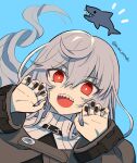  1girl arknights bangs black_nails blue_background claw_pose commentary eyebrows_visible_through_hair fangs fangs_out husui_parashi long_hair long_sleeves open_mouth red_eyes shark silver_hair solo specter_(arknights) turtleneck 