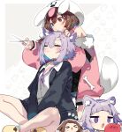  2girls :3 :o alternate_costume animal_ears animal_hood black_jacket brown_eyes brown_hair cat_ears crossed_legs cutting_hair dog_ears dog_hood highres hololive hood inugami_korone jacket karei mirror multiple_girls nekomata_okayu official_alternate_costume purple_hair scissors simple_background slippers violet_eyes virtual_youtuber white_background 