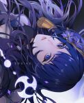 1girl artist_name bangs banned_artist braid commentary english_commentary flower genshin_impact hair_ornament highres light_particles long_hair looking_at_viewer mole mole_under_eye parted_lips purple_flower purple_hair raiden_shogun simple_background solo souike tassel upside-down violet_eyes 