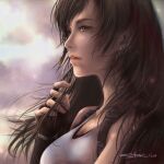  1girl black_gloves brown_eyes brown_hair clouds cloudy_sky earrings final_fantasy final_fantasy_vii fingerless_gloves from_side gloves hand_in_hair highres holding holding_hair jewelry kirin_13 long_hair open_mouth shirt signature sky sleeveless sleeveless_shirt solo straight_hair tifa_lockhart upper_body white_shirt 