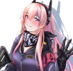  1girl 3_small_spiders =3 black_gloves black_jacket black_scarf blush closed_mouth eyebrows_visible_through_hair girls_frontline gloves gun hand_up headphones highres holding holding_gun holding_weapon jacket long_hair looking_at_viewer m4_sopmod_ii m4_sopmod_ii_(girls&#039;_frontline) multicolored_hair pink_eyes pink_hair scarf shadow smile solo_focus upper_body uwu walkie-talkie weapon white_background 