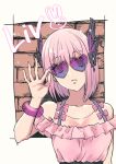  1girl bangs bare_shoulders bob_cut border brick_wall character_name closed_mouth frilled_shirt frills hair_ornament heart heart-shaped_eyewear holding holding_eyewear liv_(punishing:_gray_raven) looking_at_viewer pink_hair pink_shirt punishing:_gray_raven sachiko_y shirt short_hair short_sleeves solo violet_eyes 